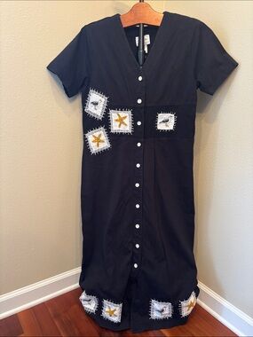 Vintage Country Wear Casuals Button-Front Maxi Dress Nautical Beach Patch Detail